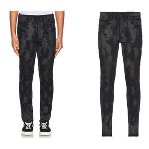 Purple Brand P001 Black Crackle Paint Foil Slim Jeans Mens Designer